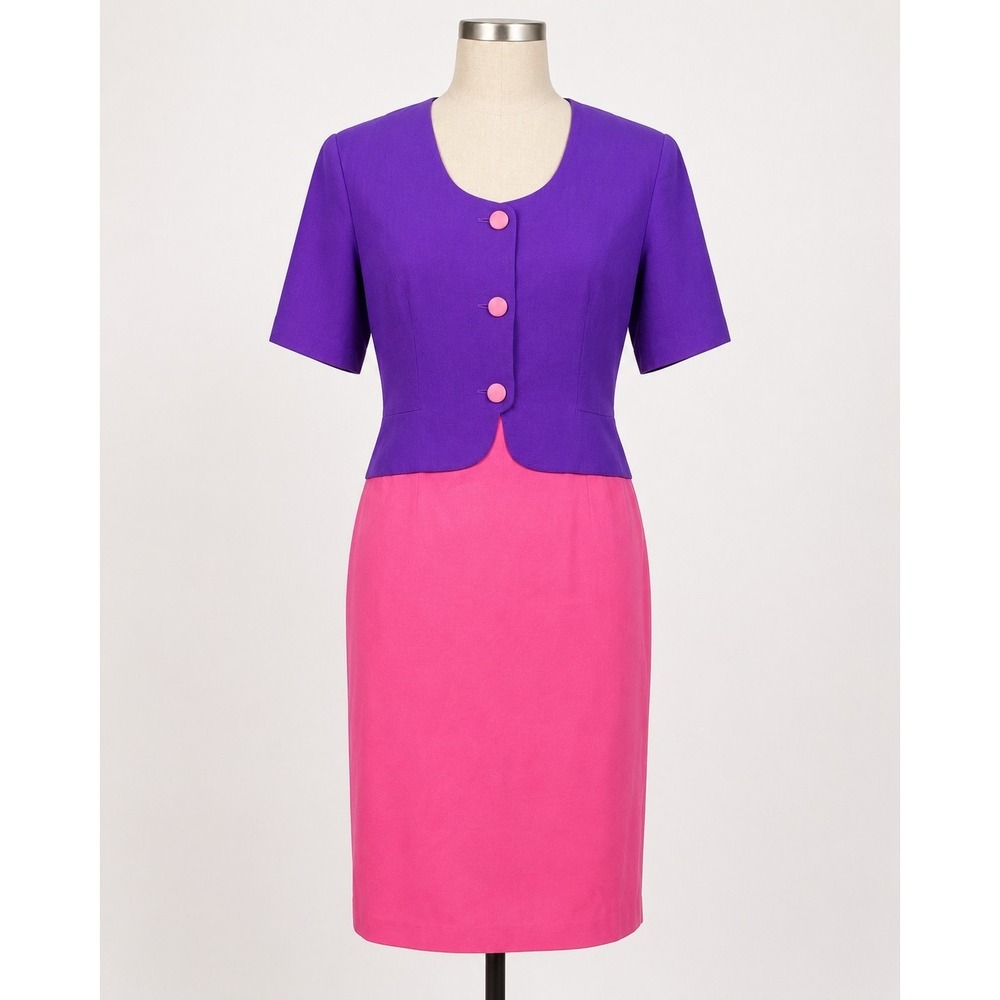 Vintage 80s Axiom Dress Womens 14 Purple Pink Colorblock Secretary Wiggle Sheath